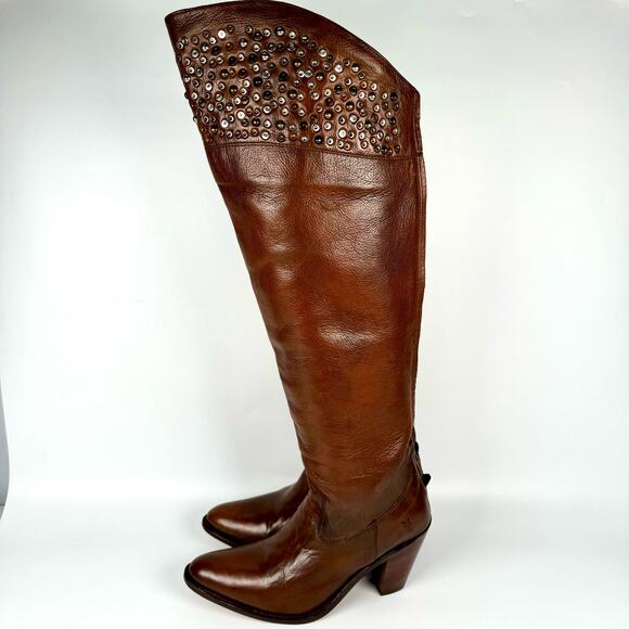 FRYE Demi Brown Tall Leather Studded Over The Knee Heeled Riding Boots Size 7 - Picture 2 of 11